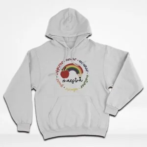 a white sweatshirt with a logo on it