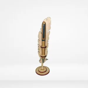 a wooden pen holder with a blue pen